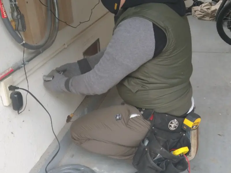 Electrician performing outlet wiring in a Lauderdale-by-the-Sea garage